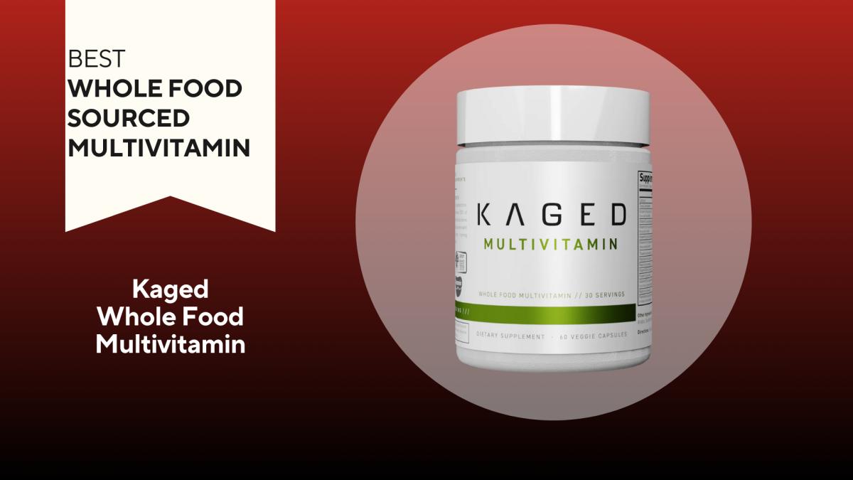 A red and black background with a white banner that reads Best Whole Food Sourced Multivitamin beside a container of Kaged Whole Food Multivitamins